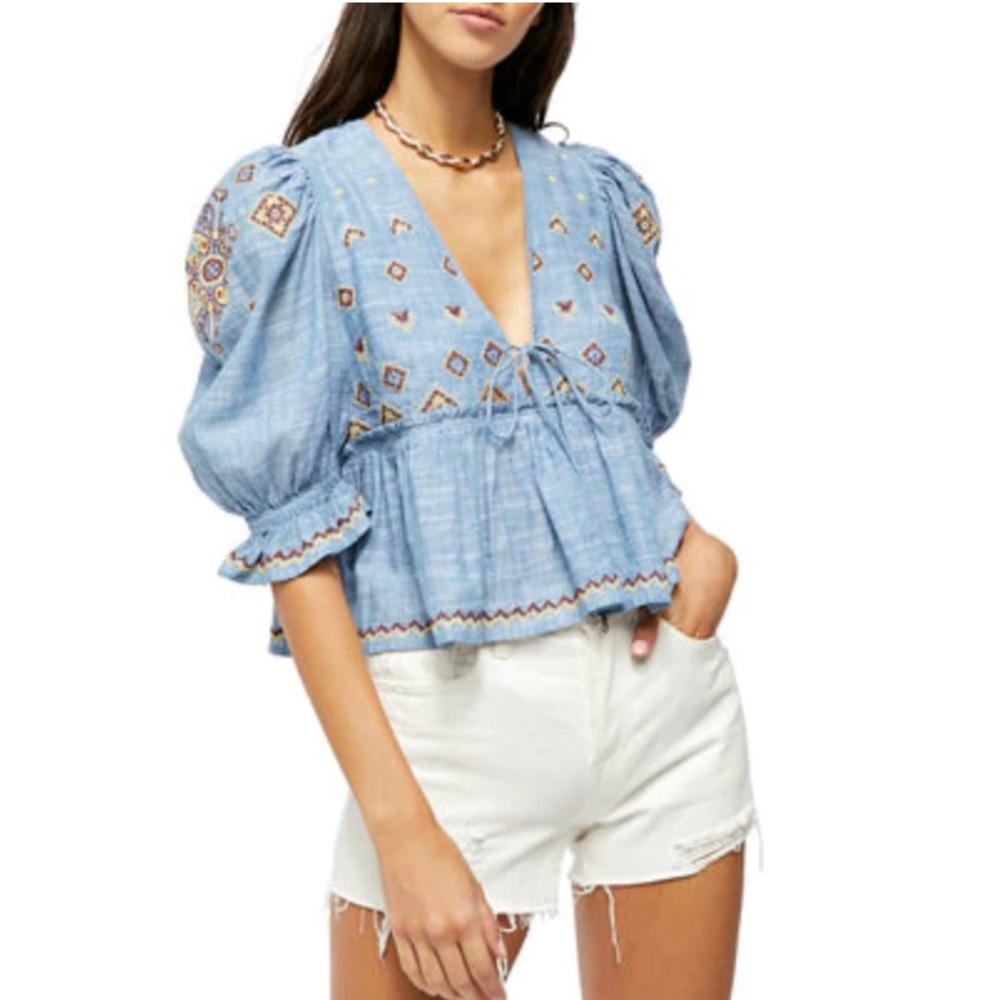 NWT Free People Tallulah Embroidered Blouse Blue